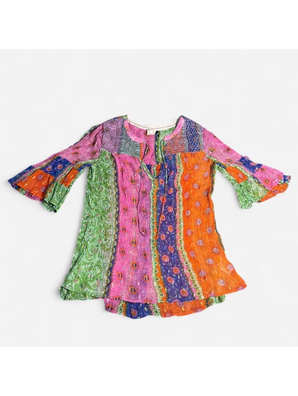 Anthropologie Akemi + Kin Boho Patchwork Blouse Bell Sleeve Medium